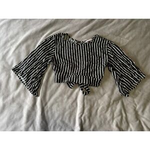 Legit Black White Striped Bell Sleeve Open‎ Back Tie Waist Crop Top Small